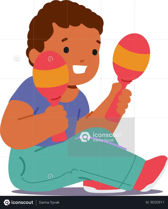 Criança sentada no chão e sacudindo maracas  Ilustração