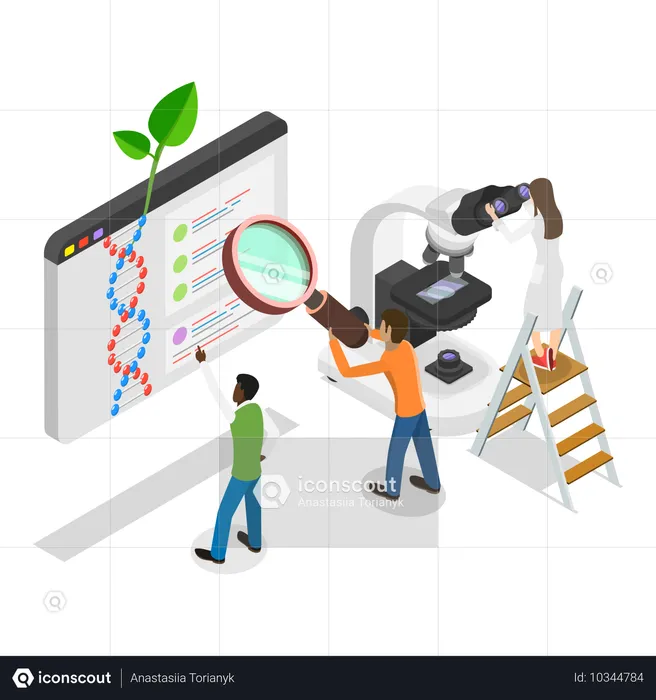 Equipo científico trabajando en la investigación del ADN  Ilustración