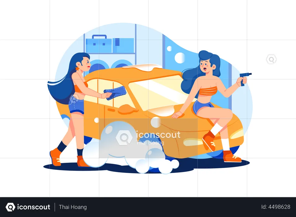 Female worker cleaning car  Illustration