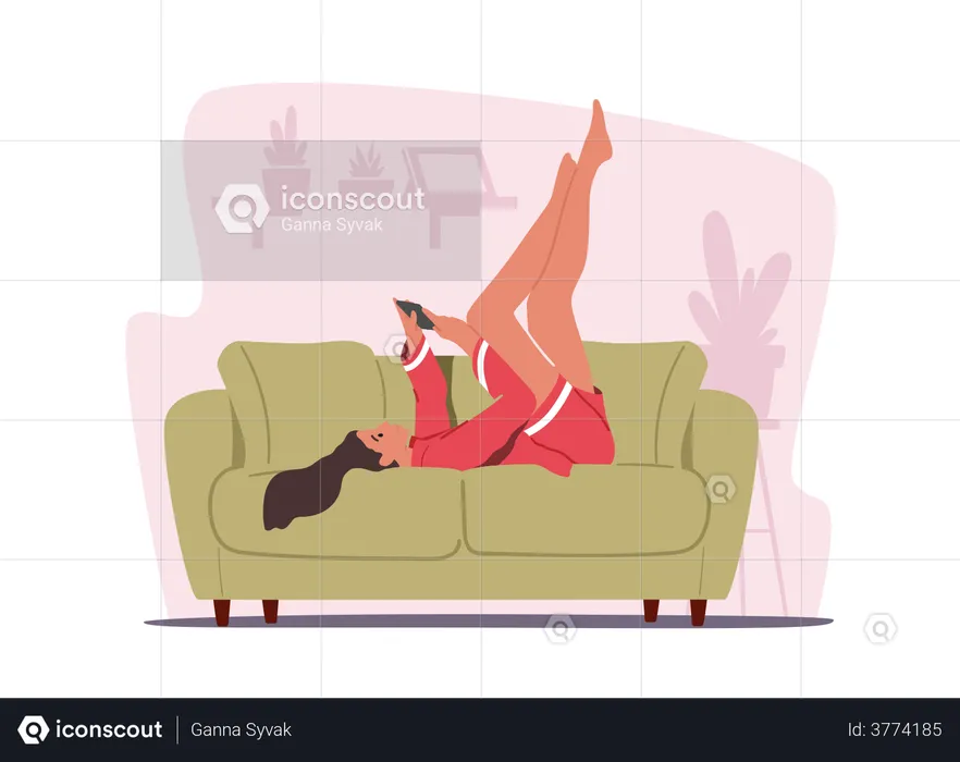 Gadget Communication Concept. Relaxed Female Character Lying at Home on Sofa Look on Screen of Smartphone Write Message  Illustration