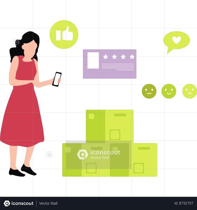 Girl is giving star rating to parcel boxes on mobile  Illustration