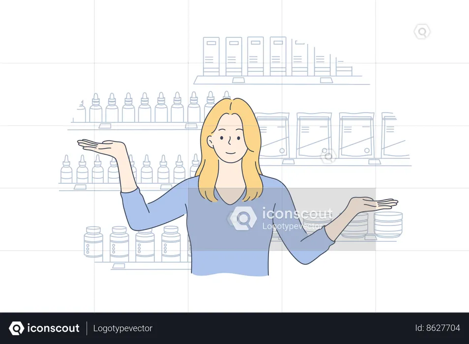 Girl is standing at pharmacy store  Illustration