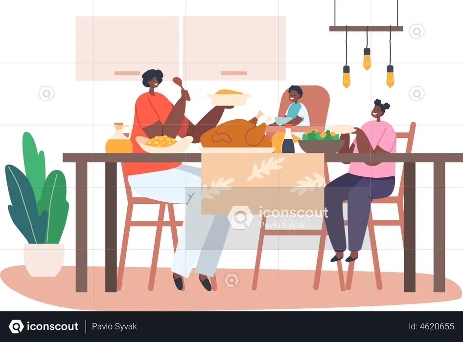 Happy African Mother and Little Kids Having Dinner at Table with Food  Illustration