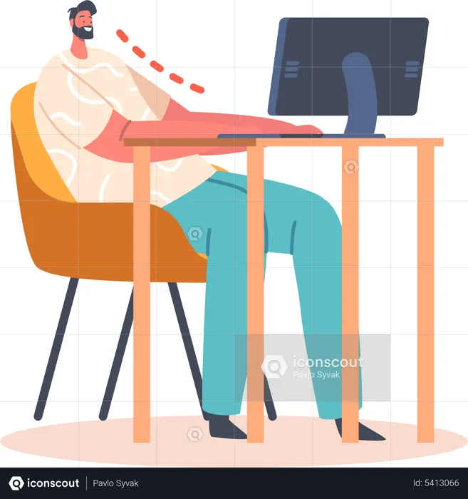 Homem sentado na posição errada enquanto trabalhava no computador  Ilustração