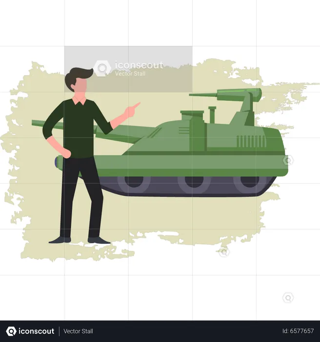 Homme regardant le char militaire  Illustration