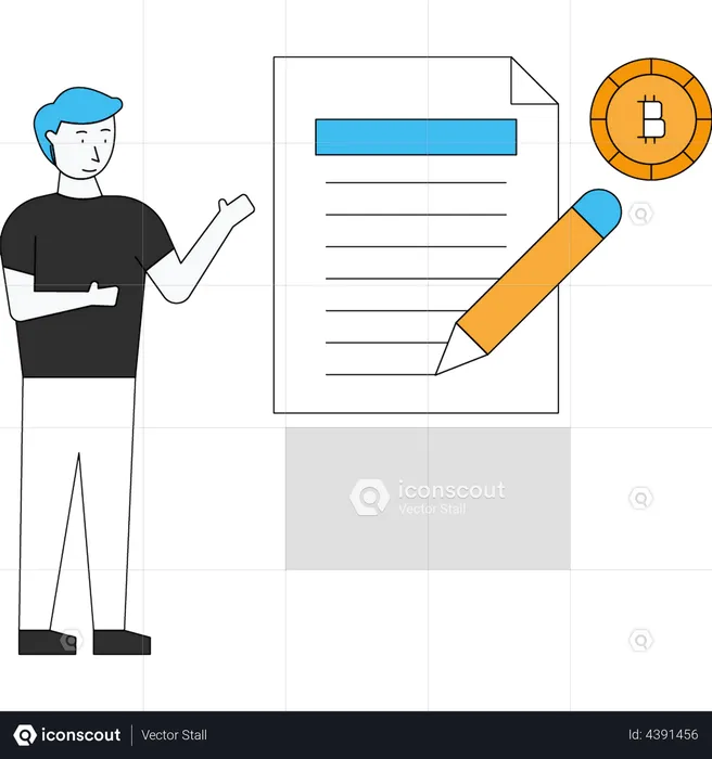 Un homme signe un document Bitcoin  Illustration