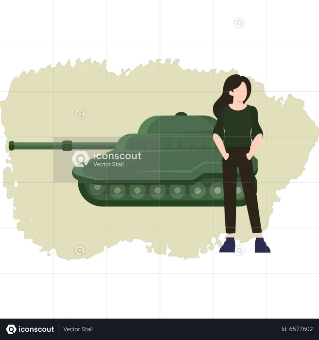 Jeune fille debout avec un char militaire  Illustration