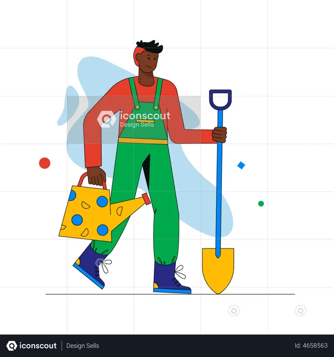 Man farmer holding shovel and watering can  Illustration