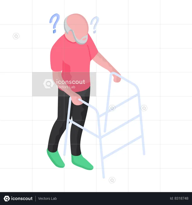 Old age person with mental disorder walking with the support of walker  Illustration