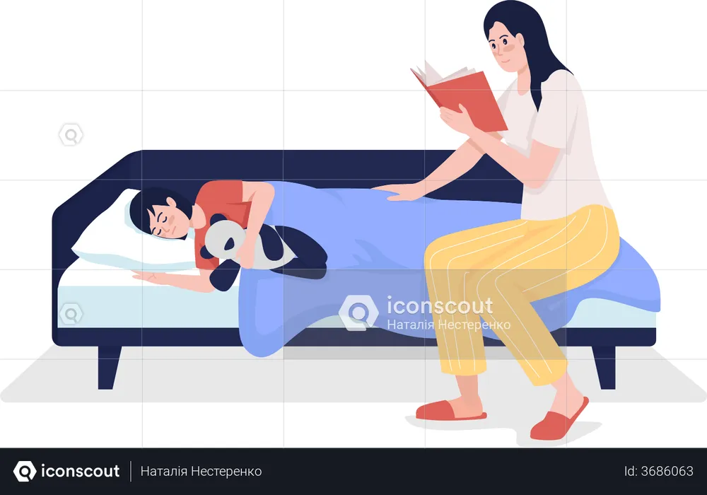 Parent reading bedtime story for child  Illustration