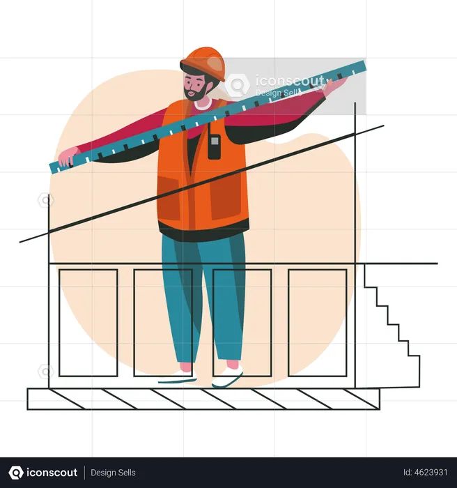 Plano de casa de medición del contratista con una cinta métrica  Ilustración