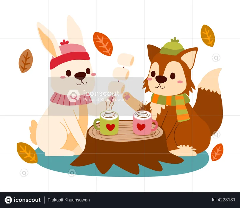 Rabbit and fox celebrate autumn season  Illustration