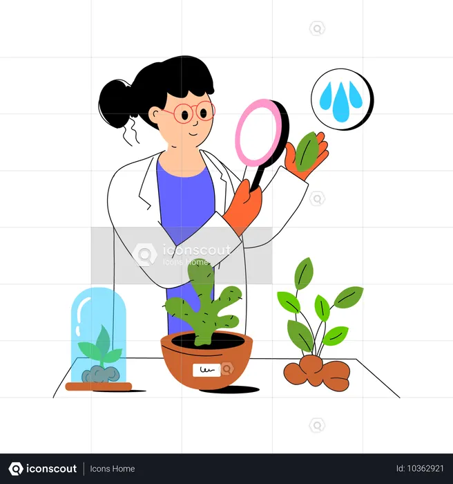 Researcher examining plant samples under a magnifying glass  Illustration