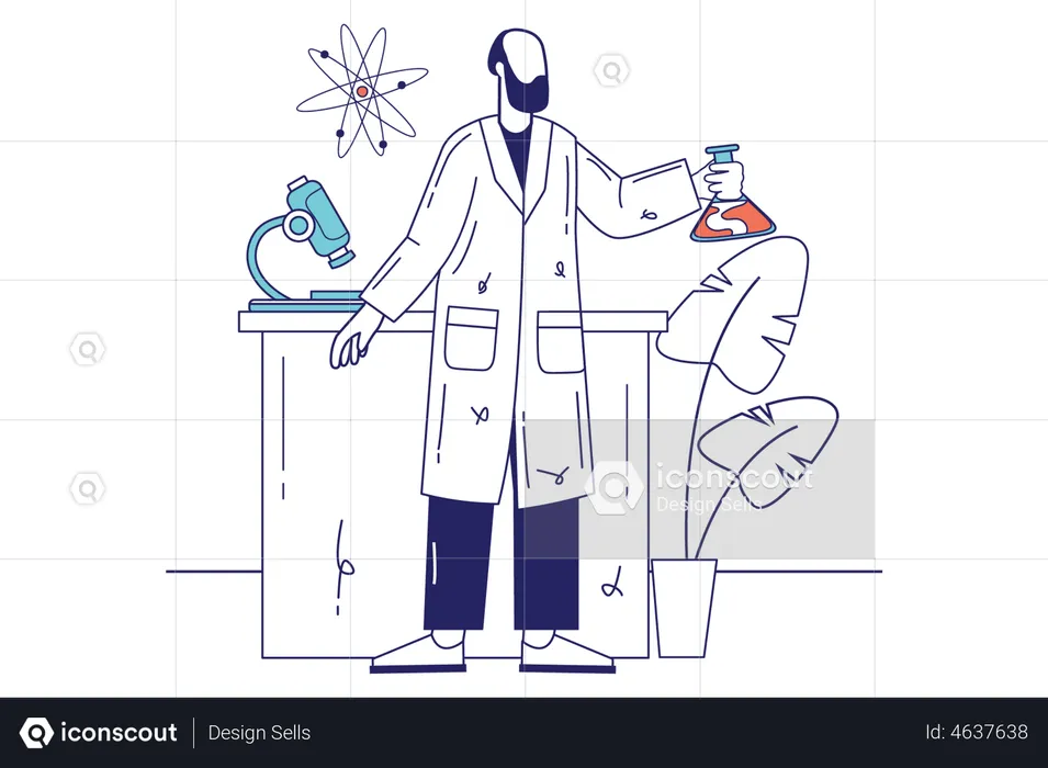 Researcher makes test using flask and microscope  Illustration