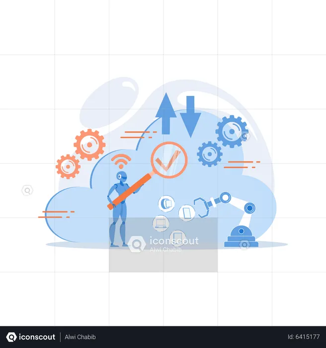 Robot studying cloud technology through magnifier  Illustration