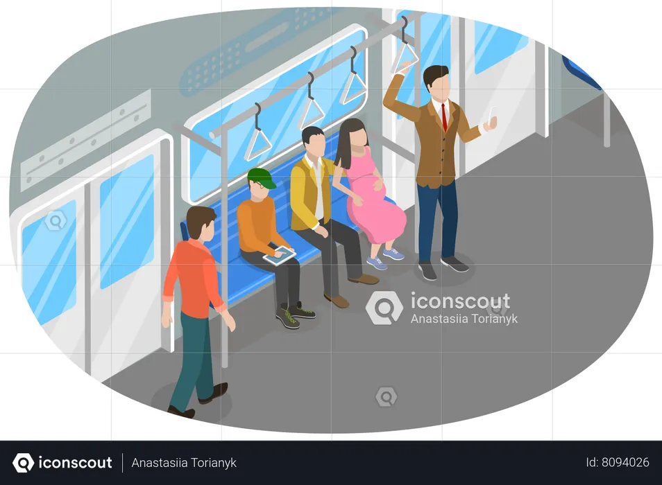 Transporte público y personas en el interior del tren.  Ilustración