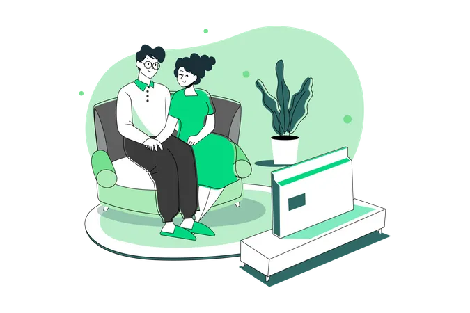 A Couple Watching Tv In The Living Room  Illustration