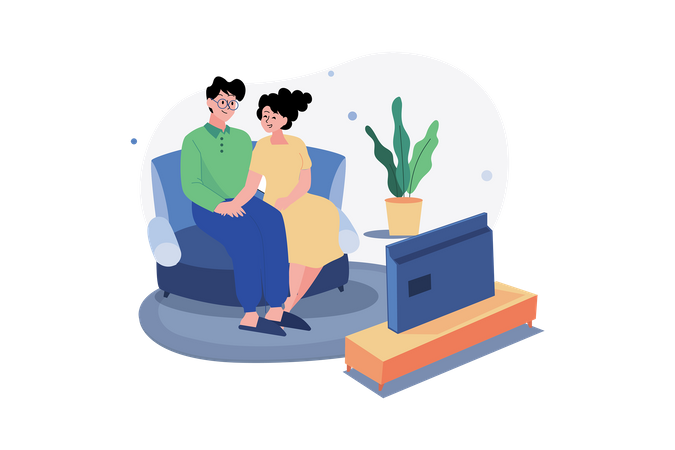 A Couple Watching Tv In The Living Room  Illustration