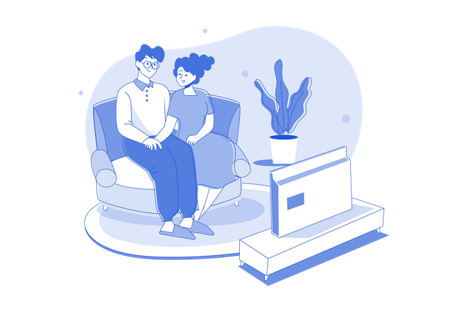 A Couple Watching Tv In The Living Room  Illustration