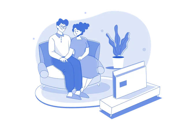 A Couple Watching Tv In The Living Room  Illustration