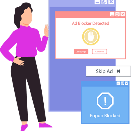 A garota está mostrando o bloqueador de anúncios detectado.  Ilustração
