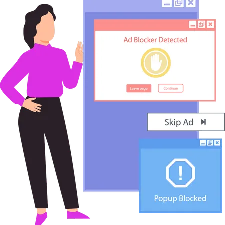 A garota está mostrando o bloqueador de anúncios detectado.  Ilustração