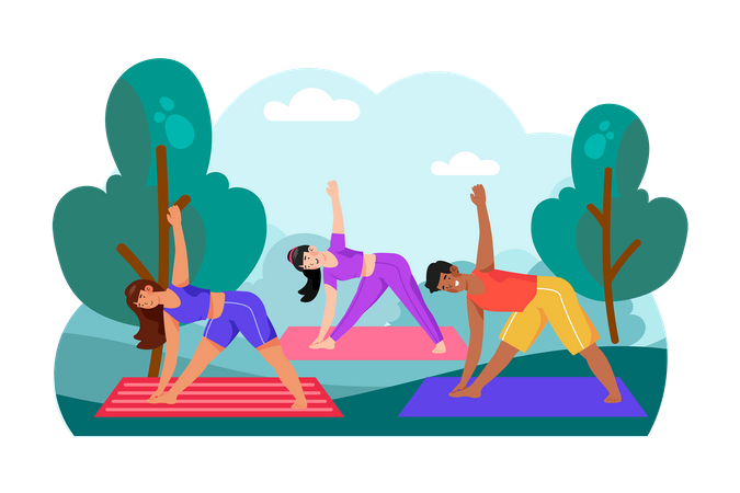 A group of friends gathers for a morning yoga session in the park  Illustration