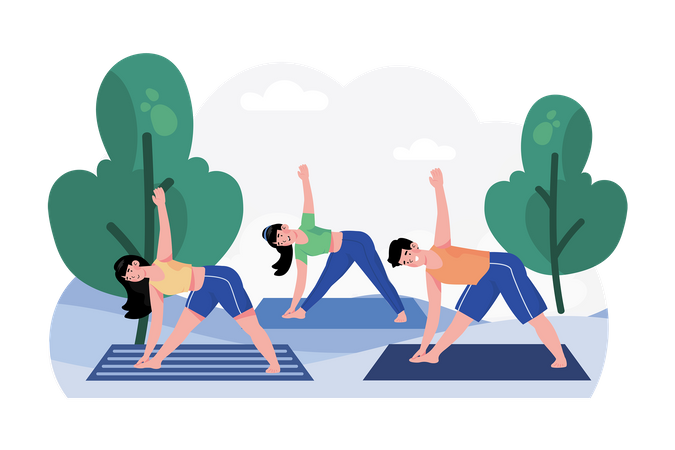 A group of friends gathers for a morning yoga session in the park  Illustration