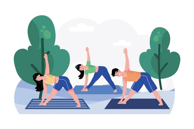 A group of friends gathers for a morning yoga session in the park  Illustration