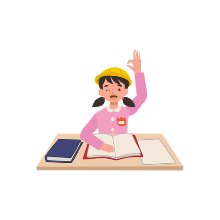 A joyful Japanese preschool girl in a kindergarten uniform sits at her desk with a raised hand, showing an OK gesture, enjoying her learning moment in class  Illustration