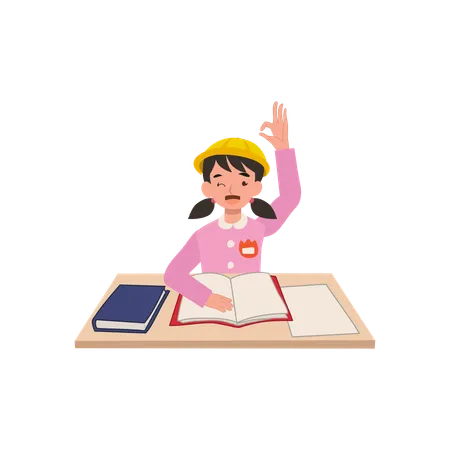 A joyful Japanese preschool girl in a kindergarten uniform sits at her desk with a raised hand, showing an OK gesture, enjoying her learning moment in class  Illustration