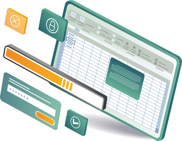 A laptop displaying an xls dashboard with a spreadsheet and various icons  Illustration