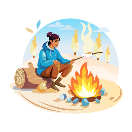 A man roasting marshmallows on camping fire  Illustration