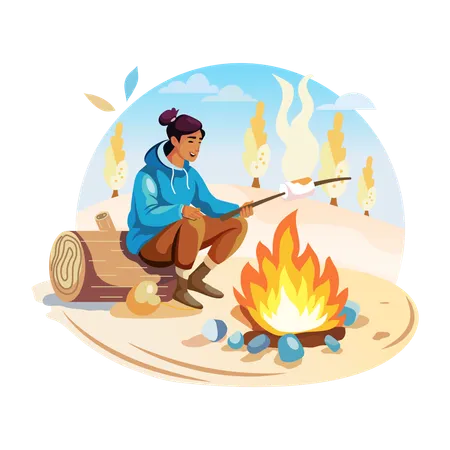 A man roasting marshmallows on camping fire  Illustration