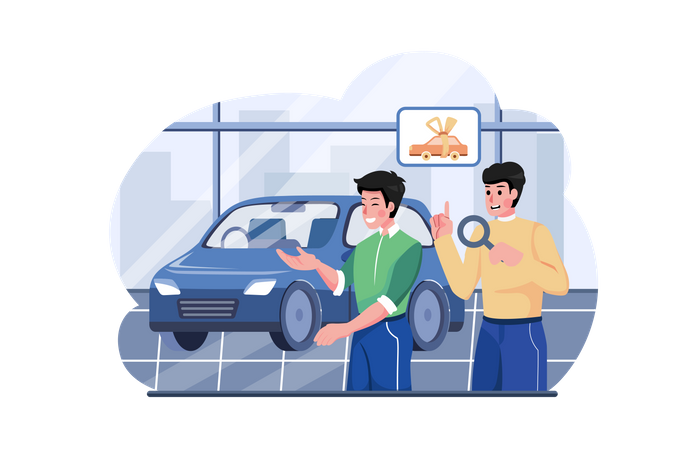 Acheteur choisissant une automobile en magasin  Illustration