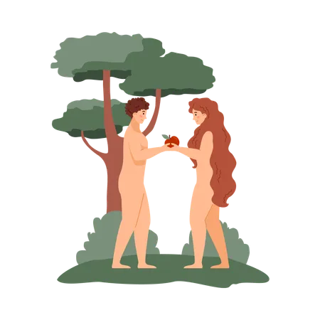 Adam and Eve in paradise under tree  Illustration