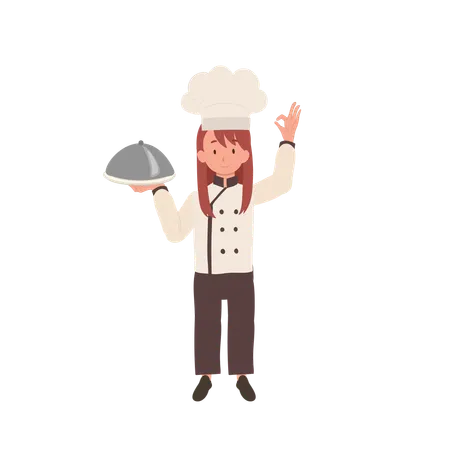 Adorable Child Chef in Chef Hat Doing OK Hand Sign  イラスト