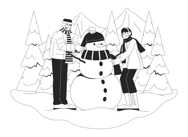 Adultos construindo boneco de neve  Ilustração