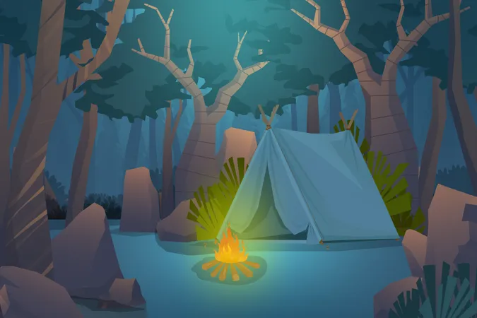 Adventure Camping Evening Scene  일러스트레이션