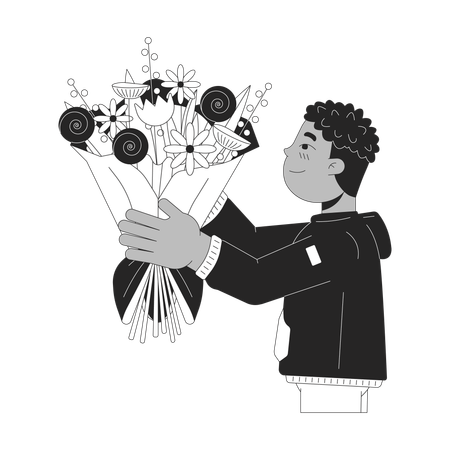 African american boy giving bouquet  일러스트레이션