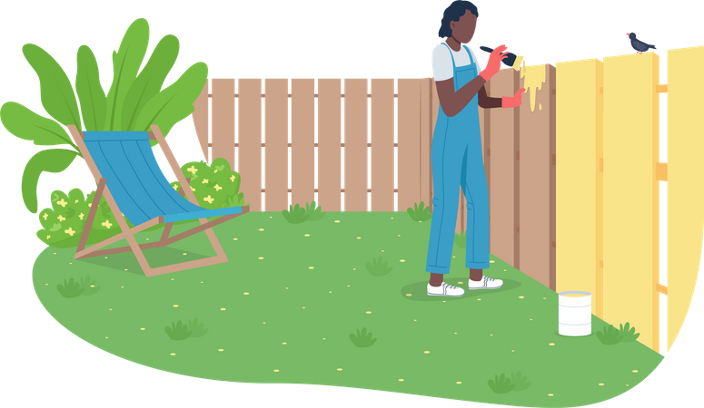 African American woman painting garden fence  Illustration