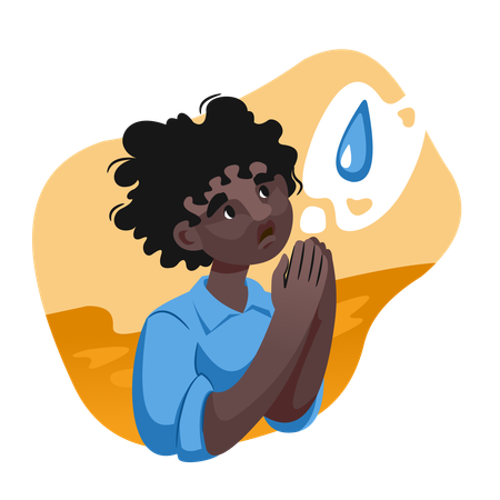 African boy asks god for water praying for rain in desert and needs humanitarian assistance  Illustration