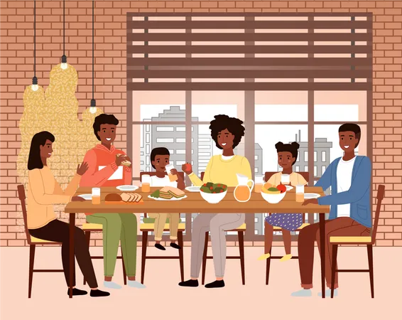 African family eating dinner on dinning table  イラスト