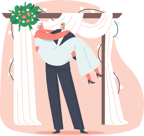 Aged groom holding bride in hands  イラスト