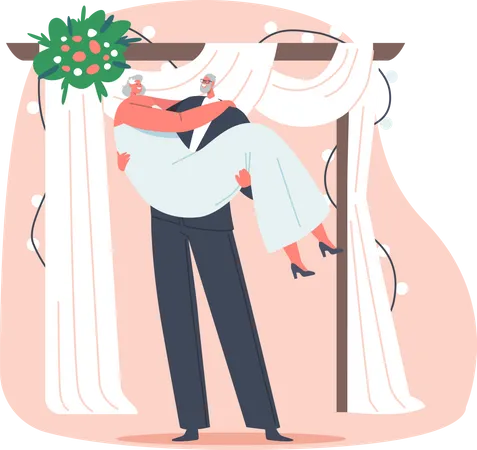 Aged groom holding bride in hands  Illustration