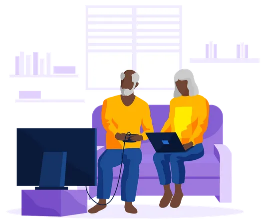 Aged man playing video game and woman working on laptop  Illustration