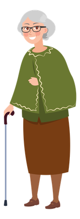 Aged woman holding stick  Illustration