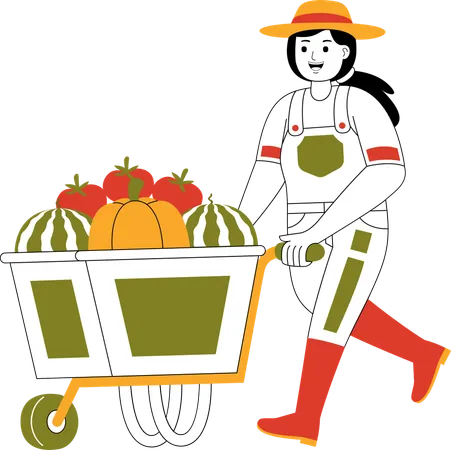 Une agricultrice transportant des fruits avec un chariot  Illustration