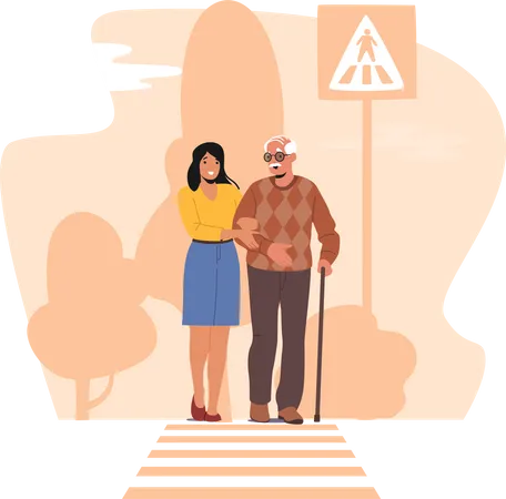 Aide féminine pour un homme âgé avec une canne pour traverser la route  Illustration