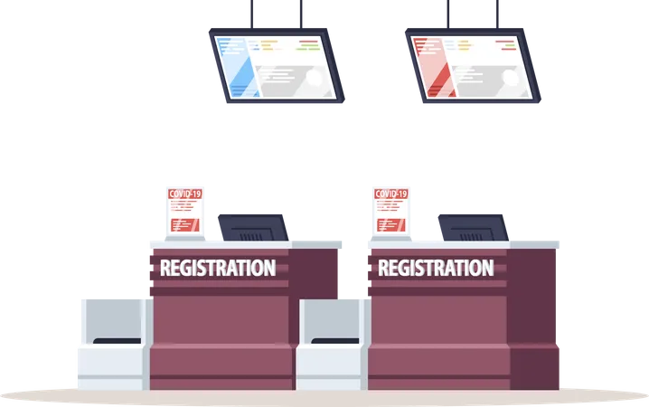 Airport registration counter with coronavirus warning  일러스트레이션